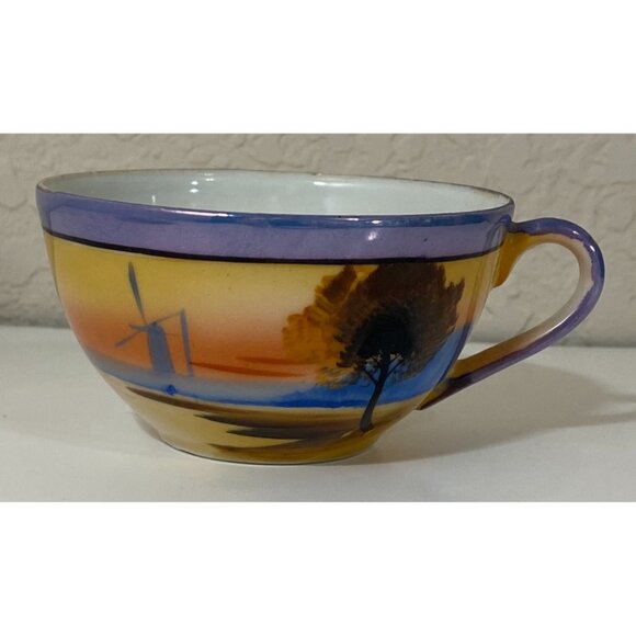 Vintage Chikaramachi Lusterware Teacup Saucer Set Windmill Tree Blue Trim Japan - Picture 2 of 9